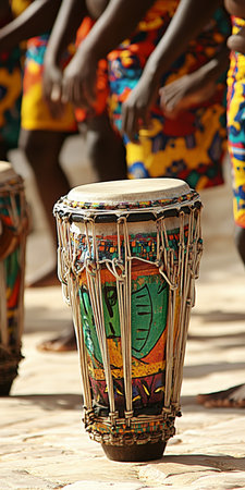 Vibrant Street Cultural Dance with African Drums, Celebrating Ethnic Diversity and Musical Heritageの素材