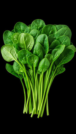 Fresh Spinach Leaves Isolated on Dark Background, Healthy Green Food for Clean Eating and Nutritionの素材
