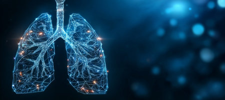 Futuristic Anatomy of Lungs with Polygonal Design and Neural Network on a Dark Blue Backgroundの素材