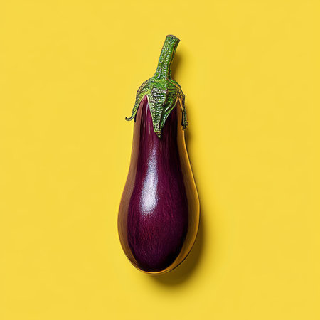 Vibrant purple eggplant against a bright yellow background, showcasing stunning food concept.の素材