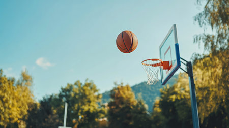 Dynamic Basketball Action on Outdoor Court with Players Jumping and Shooting Under Bright Blue Skyの素材
