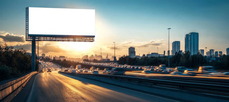 Vibrant city highway billboard showcasing ads amidst bustling traffic and a stunning skyline viewの素材