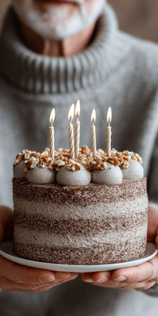 Celebrating a Special Day with a Joyful Elderly Person Blowing Out Birthday Cake Candlesの素材