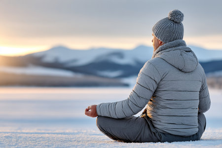 Winter Contemplation Serene Individual Embracing Inner Peace Through a Snowy Meditation Sessionの素材