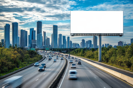 Vibrant Urban Scene Featuring a Blank Billboard Overlooking a Busy Street Under Colorful Skiesの素材