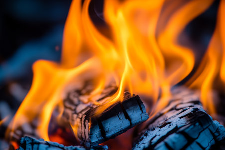 Burning Wood Embers Glow and Radiate Intense Heat, Casting Warm Shadows During Colder Winter Season.の素材