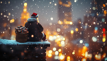 A Cozy Christmas Scene Santa Claus Taking a Break on a Chimney with Snow Falling and City Lightsの素材