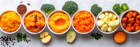 Assortment of baby food. Vegetable puree, fruit and healthy ingredients. Sweet potato recipe ideas.の素材