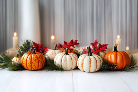 Thanksgiving Table Centerpiece with Colorful Pumpkins, Candles, and Fresh Evergreen Sprigs Decor.の素材