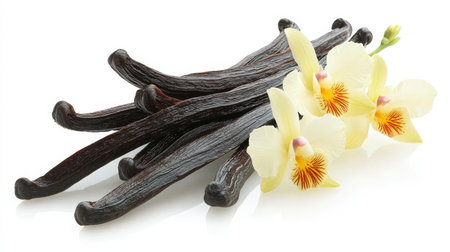 Exquisite Close-Up of Aromatic Vanilla Beans and Delicate Flower Petals for Perfume and Culinary Useの素材