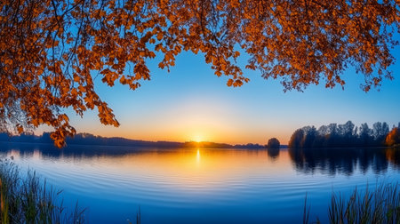 Stunning Autumn Sunset Over Tranquil Lake with Vibrant Foliage and Reflective Water in Golden Lightの素材