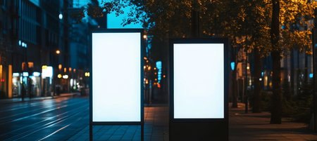 Illuminated Vertical Billboards Brighten Urban Nightscapes with Eye-Catching Advertising Displaysの素材