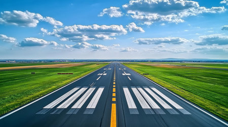 A Scenic View of an Empty Aviation Runway Extending Towards the Horizon Under a Clear Blue Skyの素材