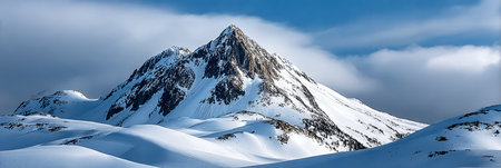 Breathtaking Snowy Mountain Landscape with Rugged Peaks and a Clear Blue Sky in Winter Wonderlandの素材