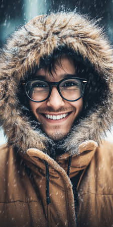 Man in a furry hooded winter coat smiles joyfully while enjoying fresh snowfall outdoors.の素材