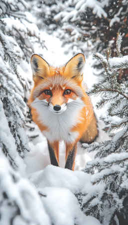 Majestic Red Fox in Enchanting Woodland Scene Covered in Heavy Snow During Winter Seasonの素材