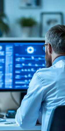 A Research Scientist Analyzing Complex Data on a Computer, Focused on Graphs and Statistical Figuresの素材