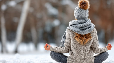 Meditative moments in frozen scenery showing resilience as the warm winter sun empowers harmonyの素材