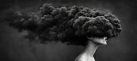 Artistic Photo Manipulation of Woman Suffocating in Smoke, Symbolizing Inner Turmoil and Anxietyの素材