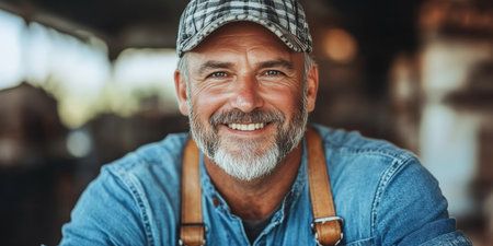 Mature Businessman with Authentic Smile at Local Business, Inspiring Entrepreneurial Spiritの素材