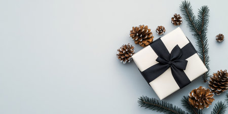 Charming Christmas Flatlay with Gift Box, Dark Ribbon, Cozy Decor, and Holiday Cheer for Wrappingの素材