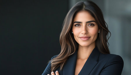 Confident Hispanic Businesswoman with Charismatic Smile Showcasing Achievements and Ambitionの素材