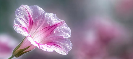 Dew-Kissed Violet Petals and Soft Morning Glory Blossoms Illuminated by the Gentle Sunrise Lightの素材