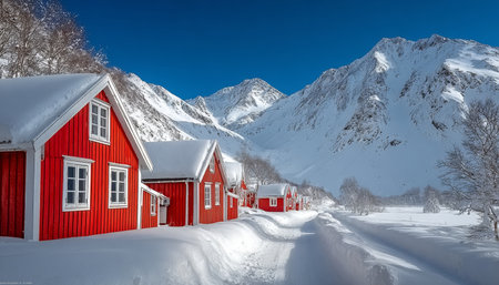 Serene winter landscape featuring red wooden cottages surrounded by deep snow and majestic mountainsの素材