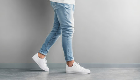 Fashionable young adult showcasing stylish jeans and trendy sneakers while relaxing in comfort.の素材