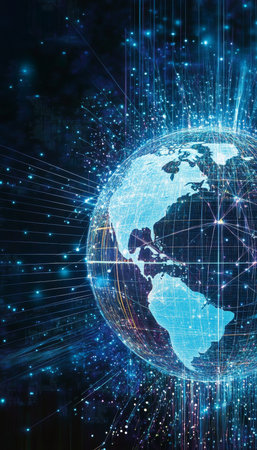 Connected Globe Displaying Countries, Digital Network System, Data Transfer and Global Connectivityの素材