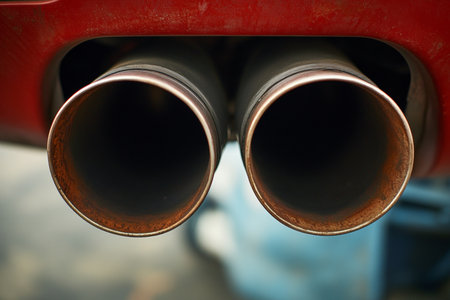 Close-Up of Dual Exhaust Pipes on a Red Sports Car, Showcasing Chrome Trim and Soot Residueの素材