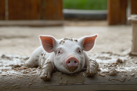 Adorable mini piglet plays joyfully in the mud, enjoying a refreshing bath near the barn fenceの素材