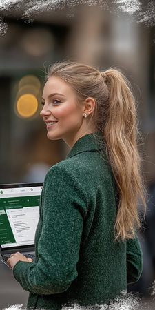 Female Professional Using Budgeting App on Wireless Computer to Manage Finances and Achieve Goalsの素材