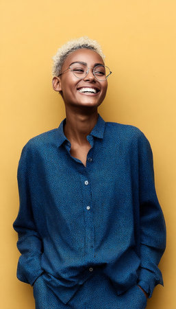 Happy Young Adult in Blue Shirt Smiling Against Bright Yellow Studio Background Portraitの素材