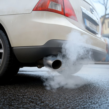 Automobile Emitting Smoke Signal of Engine Overheating from Exhaust Tailpipe for Repair Shop Warningの素材