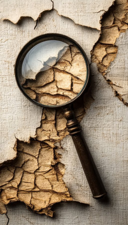 Magnifying Glass Reveals Detailed Textures and Imperfections on Aged Old Paper Background Surfaceの素材