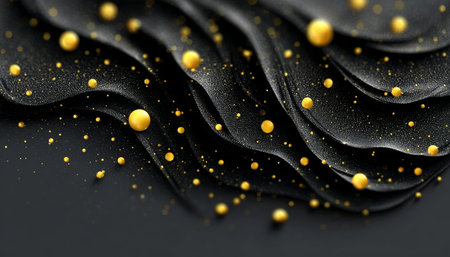 Elegant dynamic motion design showcasing textured black and glittering gold in artistic excellenceの素材