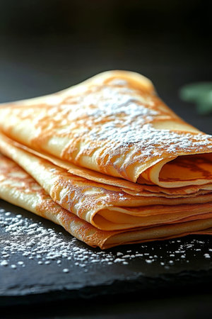 Golden Crepes Stacked High, Dusted with Powdered Sugar, a Delicious Culinary Delight to Enjoyの素材