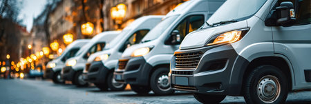 Fleet of delivery vehicles parked on urban street at night, highlighting modern logistics transport.の素材