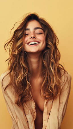 Radiant smile beams from portrait of woman with fair skin, joyfully wearing an unbuttoned blouseの素材