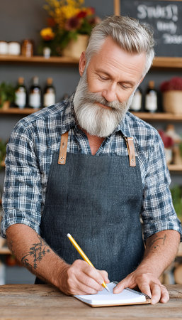 Aged Artisan Curating Fresh Flower Boutique Inventory for Exceptional Quality and Services Offeredの素材