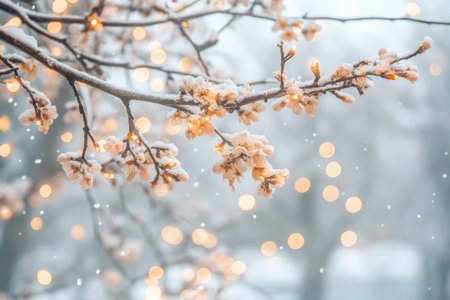 Enchanting Winter Wonderland Snow-Covered Branches Sparkling Under Twinkling Bokeh Lights at Duskの素材