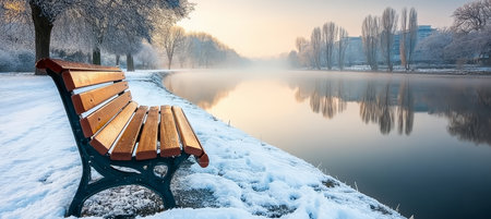 Serene Winter Morning at Snowy Lakeside with Wooden Park Bench and Gentle Mist Over the Waterの素材
