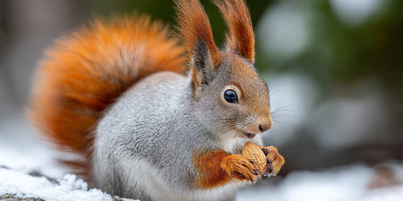 Adorable reddish squirrel holding a walnut in a snowy winter landscape, showcasing wildlife beauty.の素材