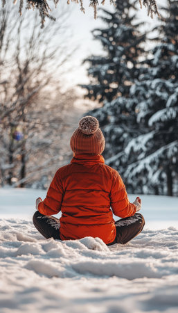 Person Meditating Outdoors in Winter Season, Embracing Snowy Weather for Ultimate Relaxationの素材
