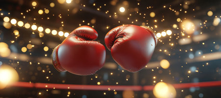 Boxers in Action with Colorful Gloves in a Thrilling Arena Under Bright Lights and Excited Fansの素材