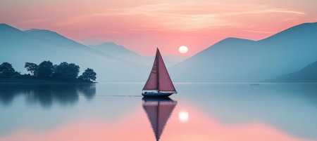 Sailboat Journey on a Tranquil Lake at Sunrise with Beautiful Pastel Colors and Reflectionの素材