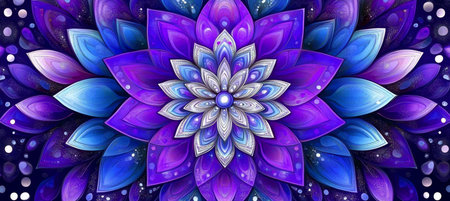 A Stunning Purple and Azure Mandala Flower in Intricate Close-Up, Symbolizing Beauty and Tranquilityの素材