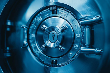 Close Up View of Heavy Mechanical Vault Features with Locking Mechanism for Enhanced Securityの素材