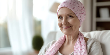 Smiling older confident lady with a headscarf feeling happy and optimistic after cancer survivalの素材